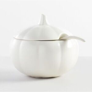 Pottery Barn White Pumpkin Stoneware Soup Tureen W/ Soup
